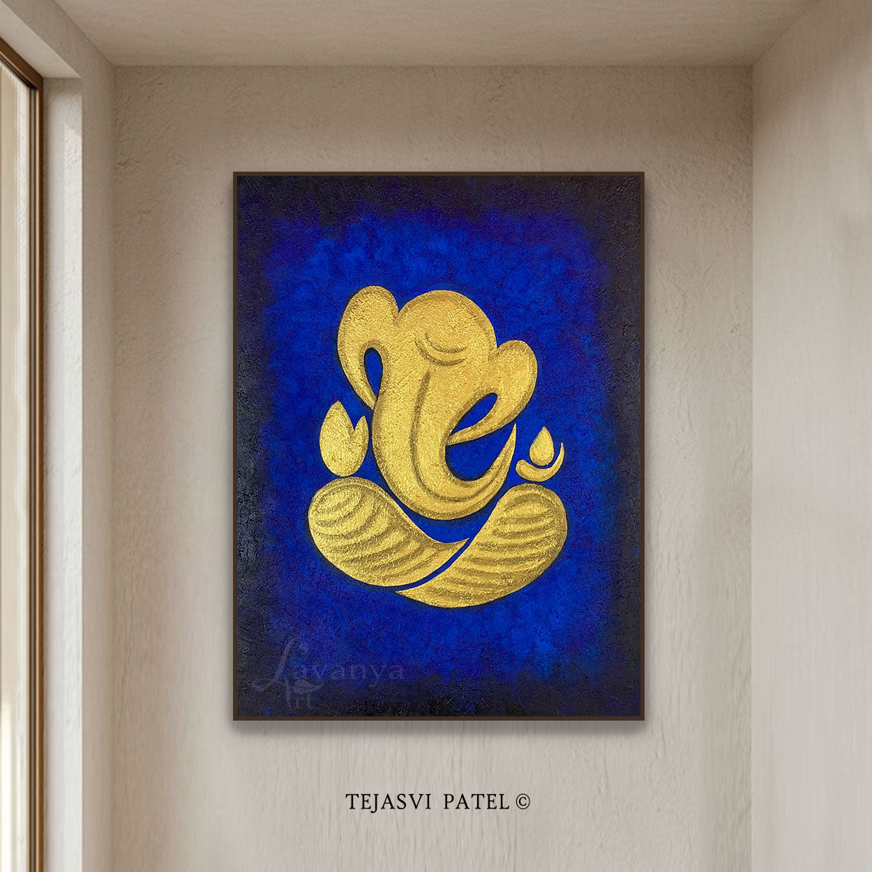 Abstract Ganesha Wall Art | Blue Gold Textured Canvas