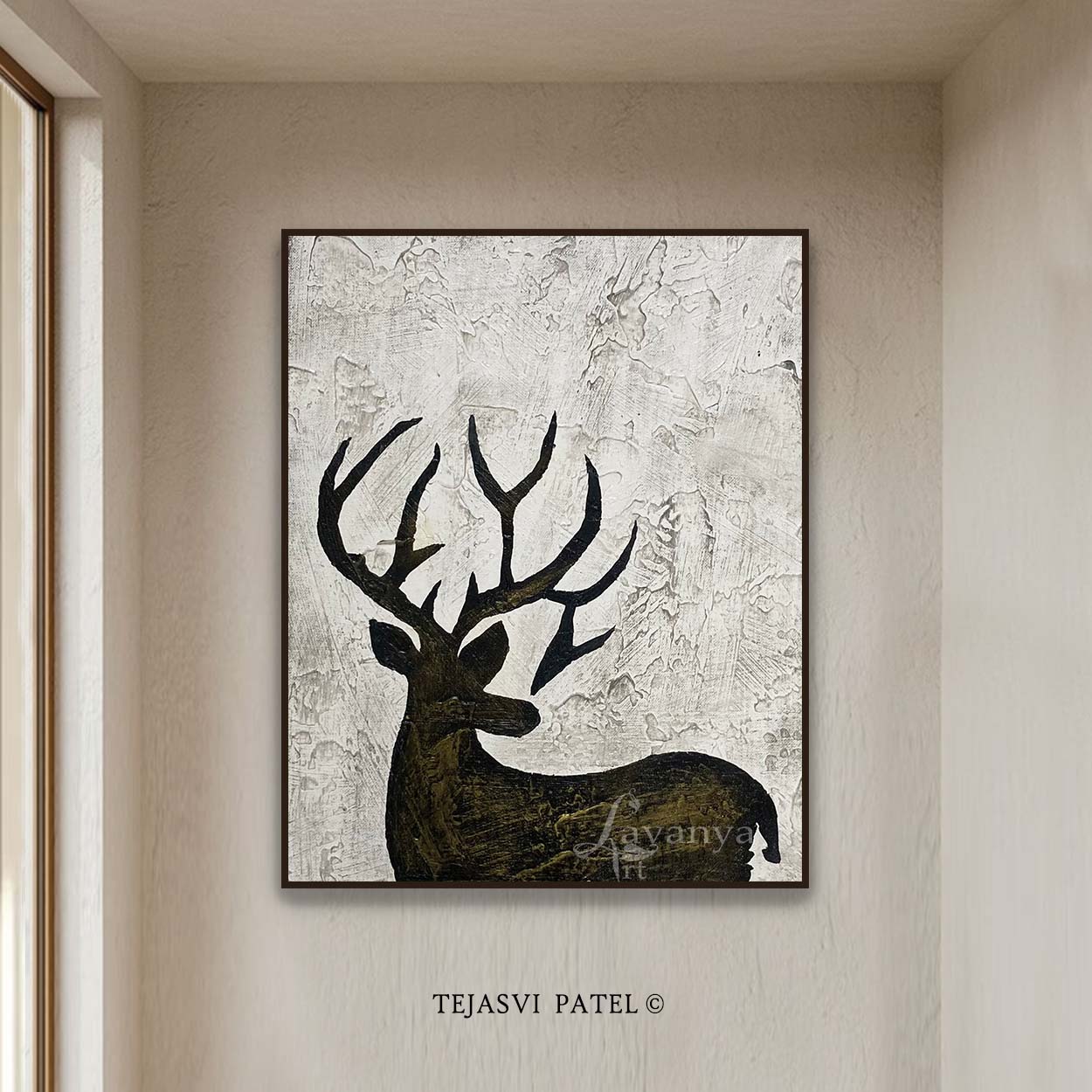 Modern Black White deer Painting | Textured Canvas Wall Art
