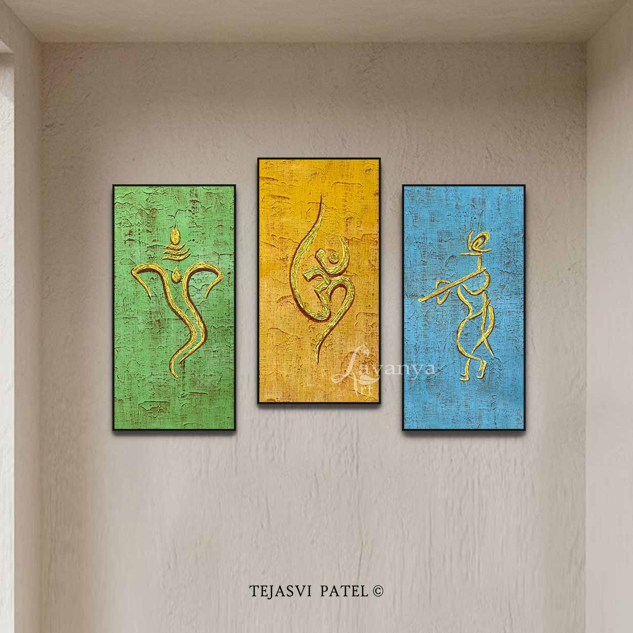Modern Ganesha,krishna,Om painting |Set of 3 Abstract Indian Art