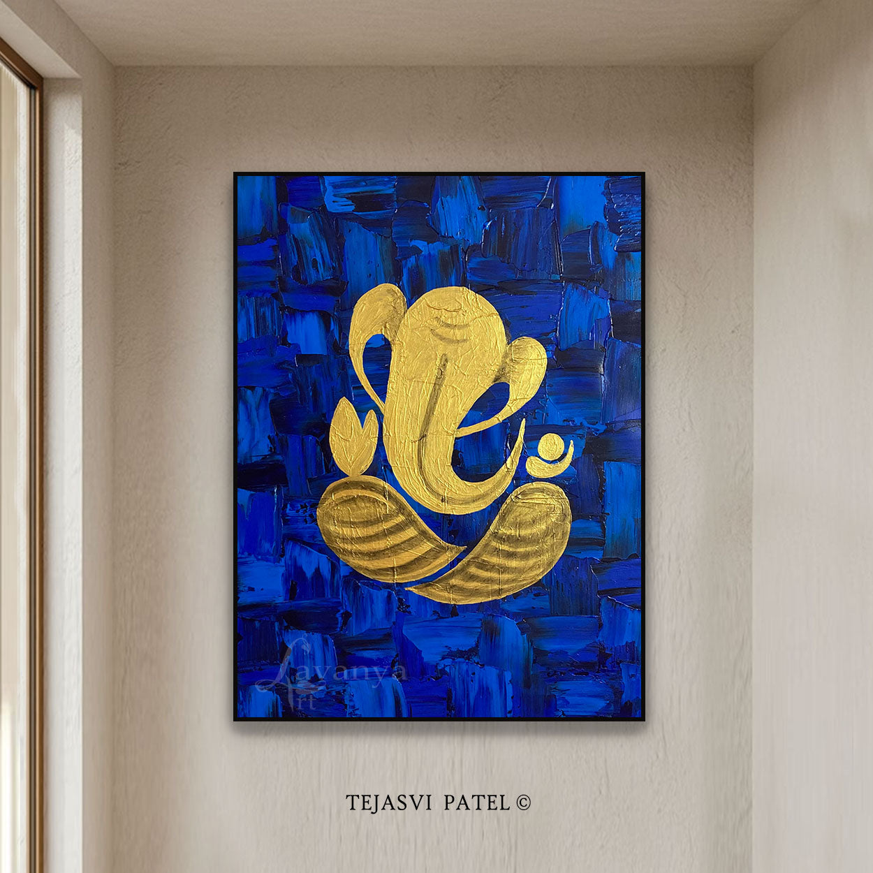 Abstract Ganpati Canvas Painting | Blue Gold Indian Art