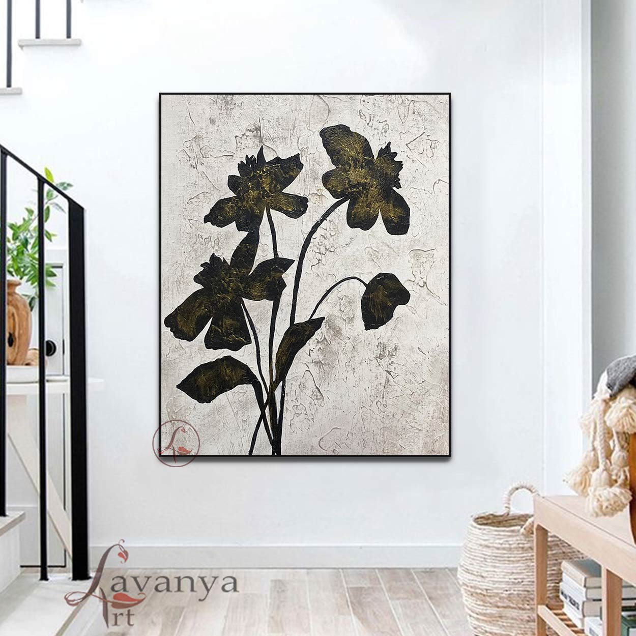 Contemporary Flower Abstract Canvas | Black White Artwork