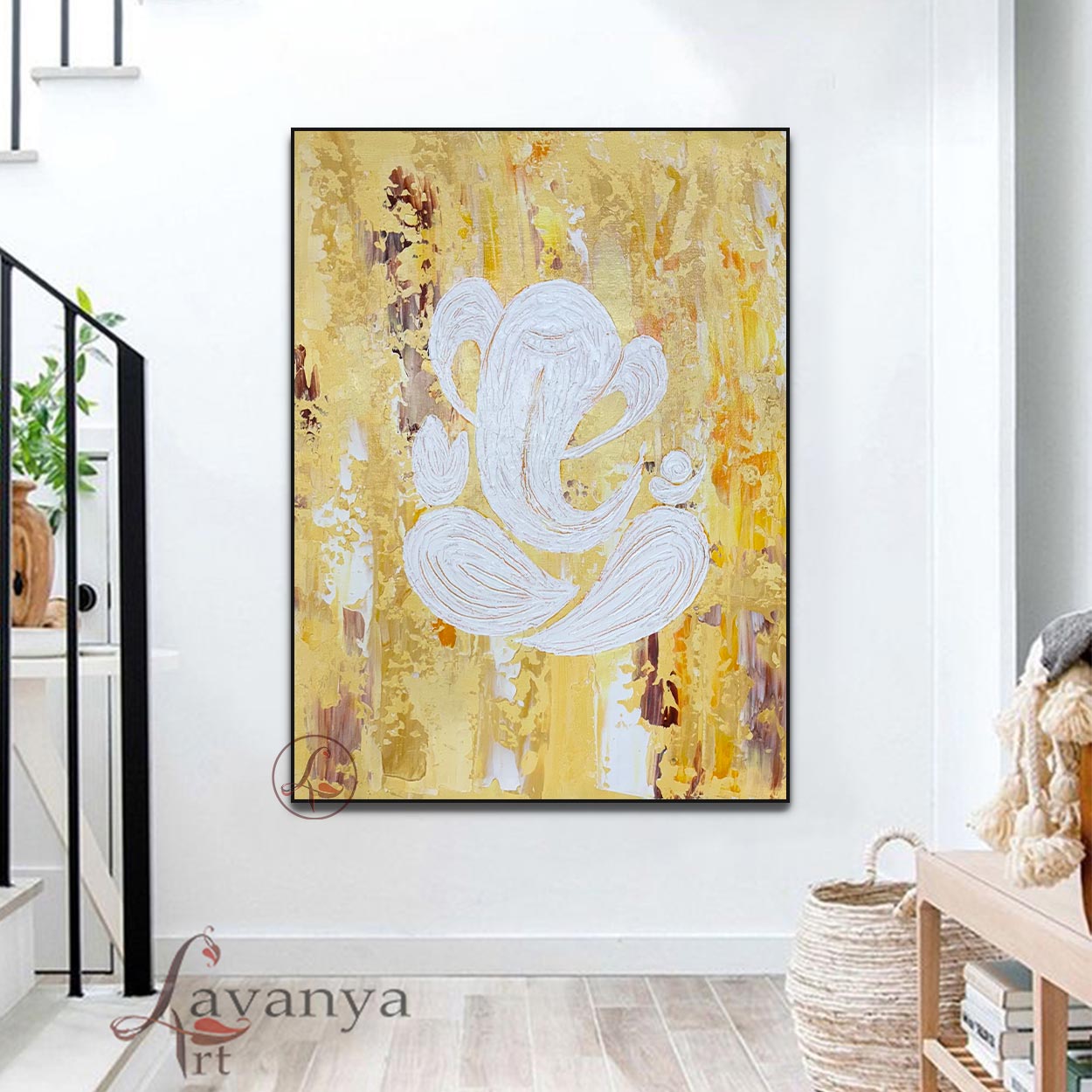 Abstract Ganesha Canvas Painting | white Yellow Indian Art