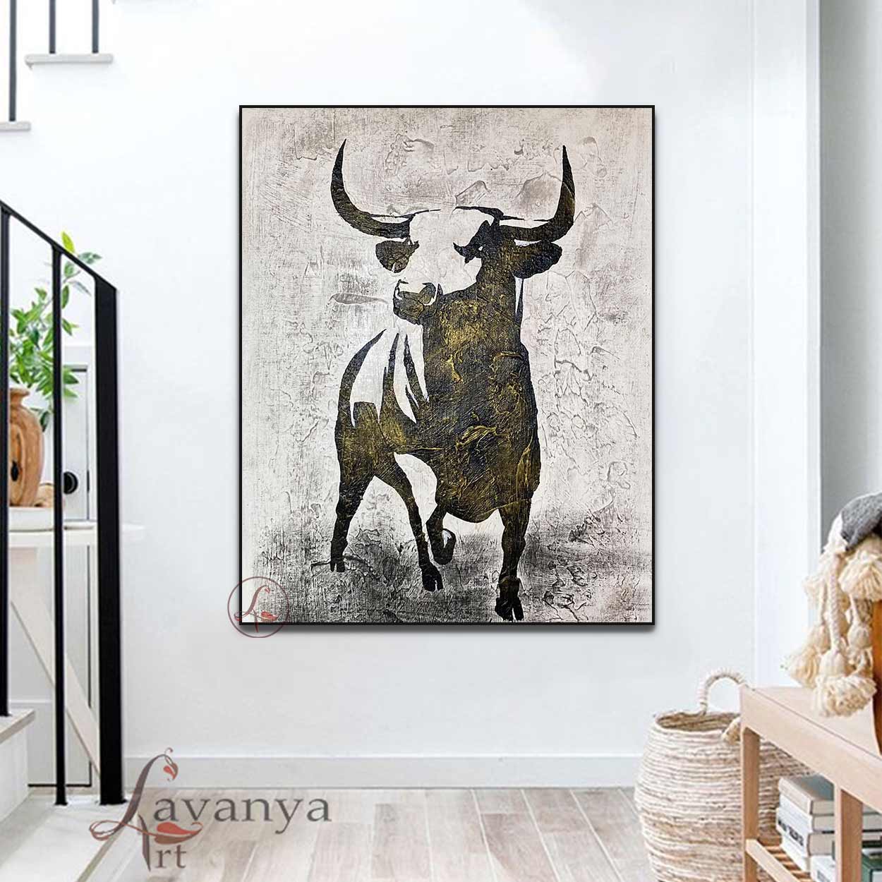 Black White Bull Abstract Wall Art | Large Modern Canvas