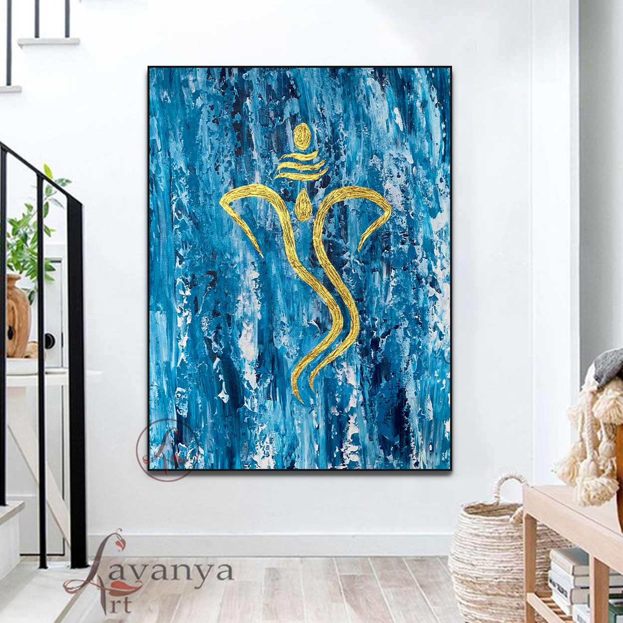 Blue Gold Ganesha Painting | Handmade Textured Canvas Art