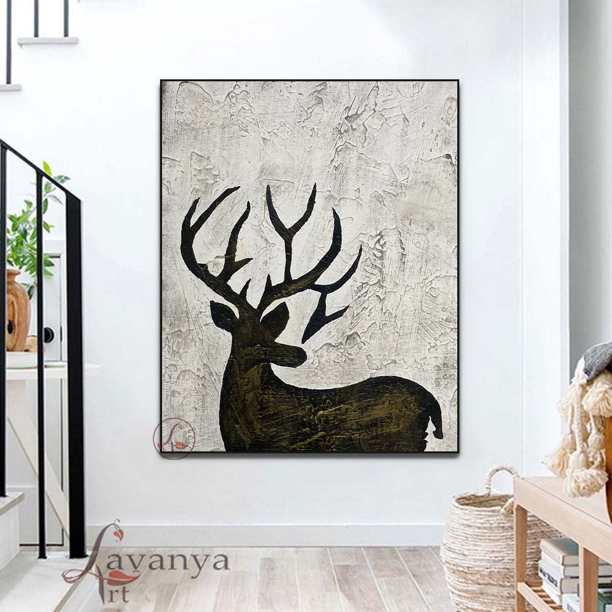 Modern Black White deer Painting | Textured Canvas Wall Art