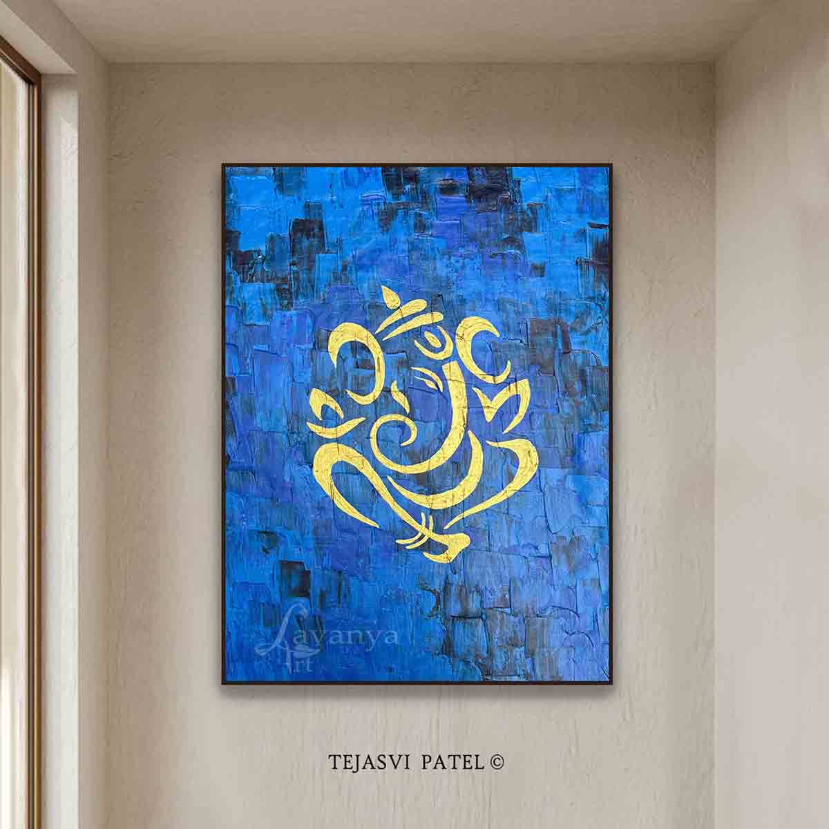 Textured Blue Gold Ganesha Painting | Handmade Indian Art