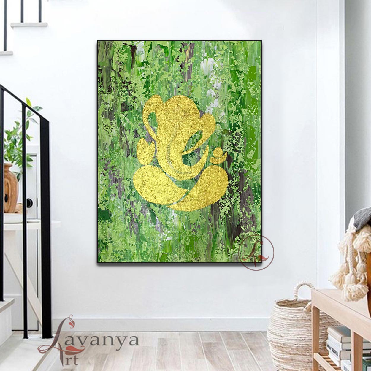 Abstract Ganpati Canvas Painting | Green Gold Indian Art