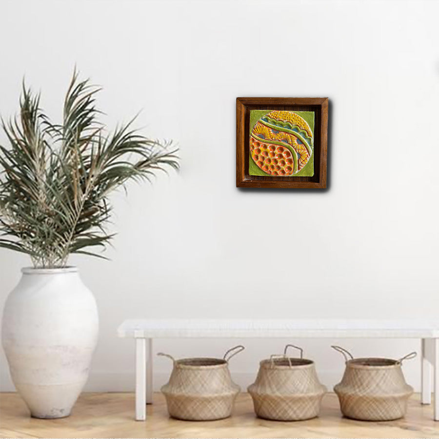 Ceramic Wall Art | Hand-Carved Tile Framed Boho Decor Piece