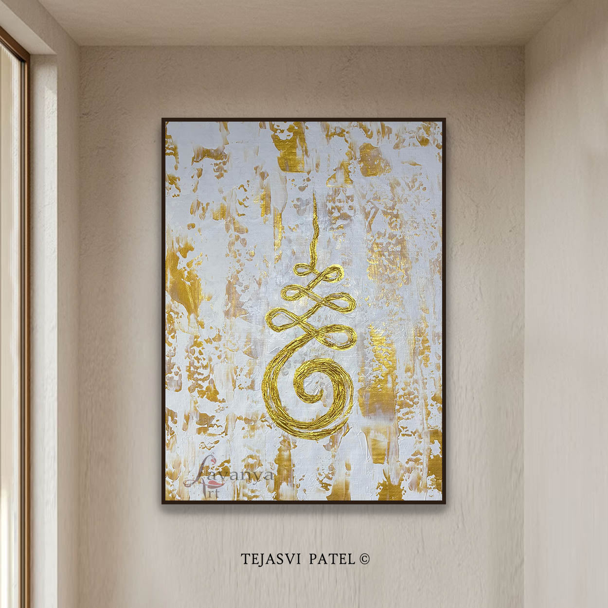 Unalome Sak Yant Painting | White Gold Buddhist Wall Art