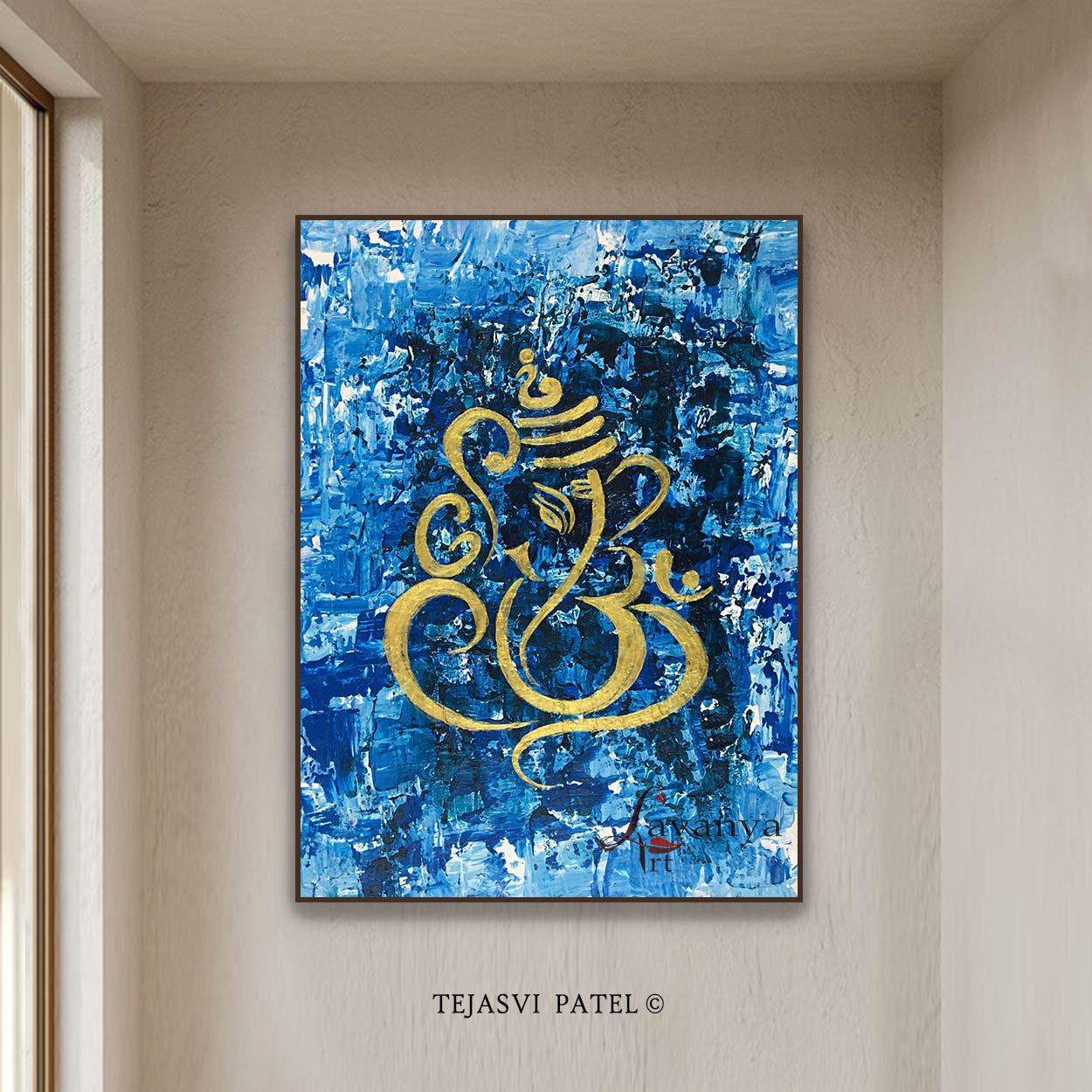 Modern Ganesha Painting | Blue Gold Textured Canvas