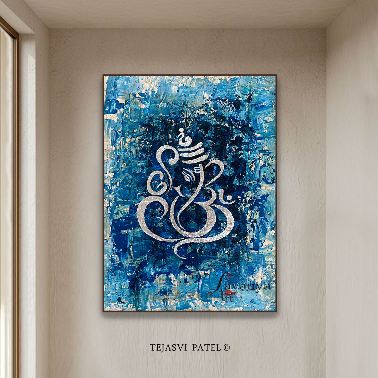 Blue Silver Ganesha Art | Handmade Indian Canvas Painting