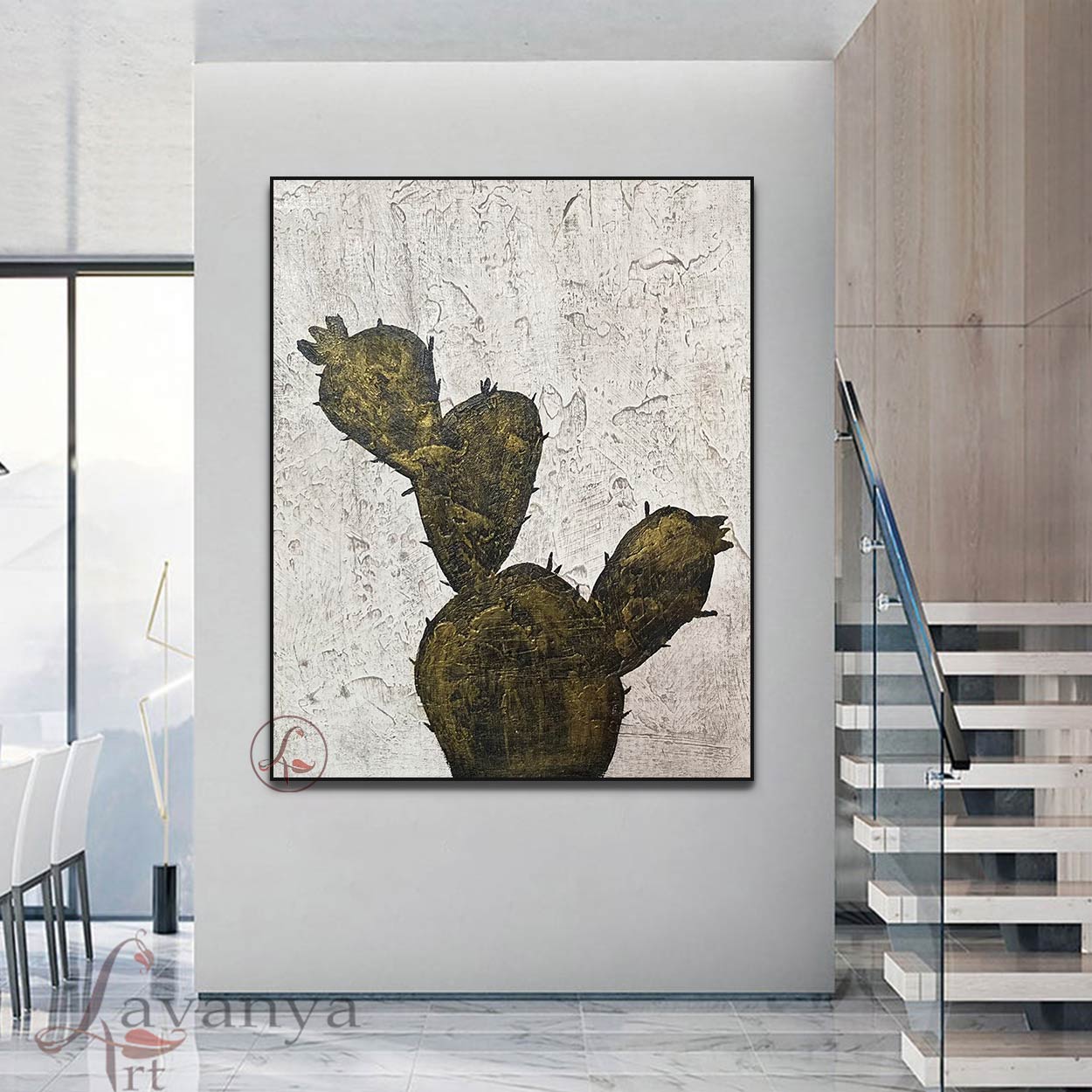 Minimalist Abstract cactus Painting | Black White Canvas Art