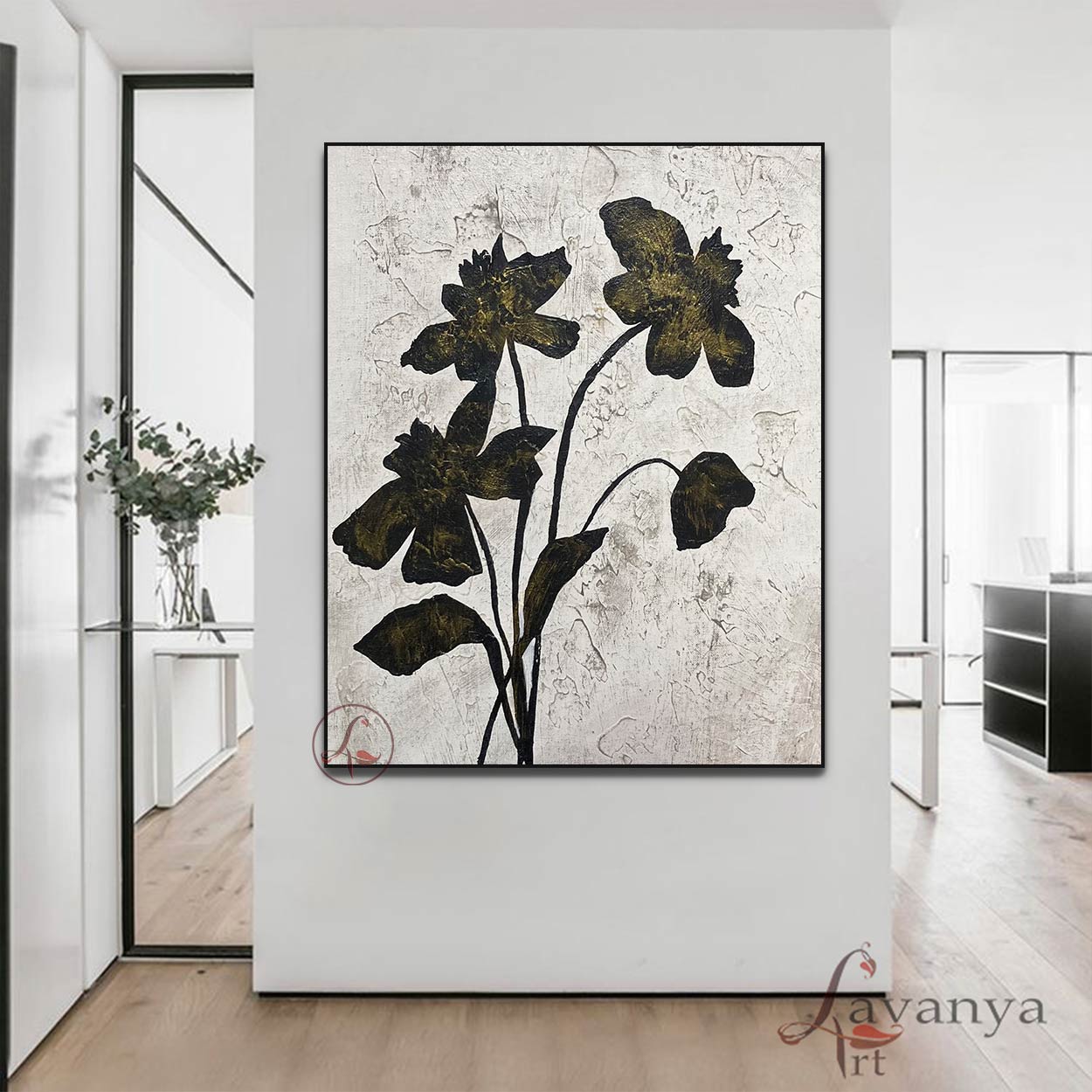 Contemporary Flower Abstract Canvas | Black White Artwork