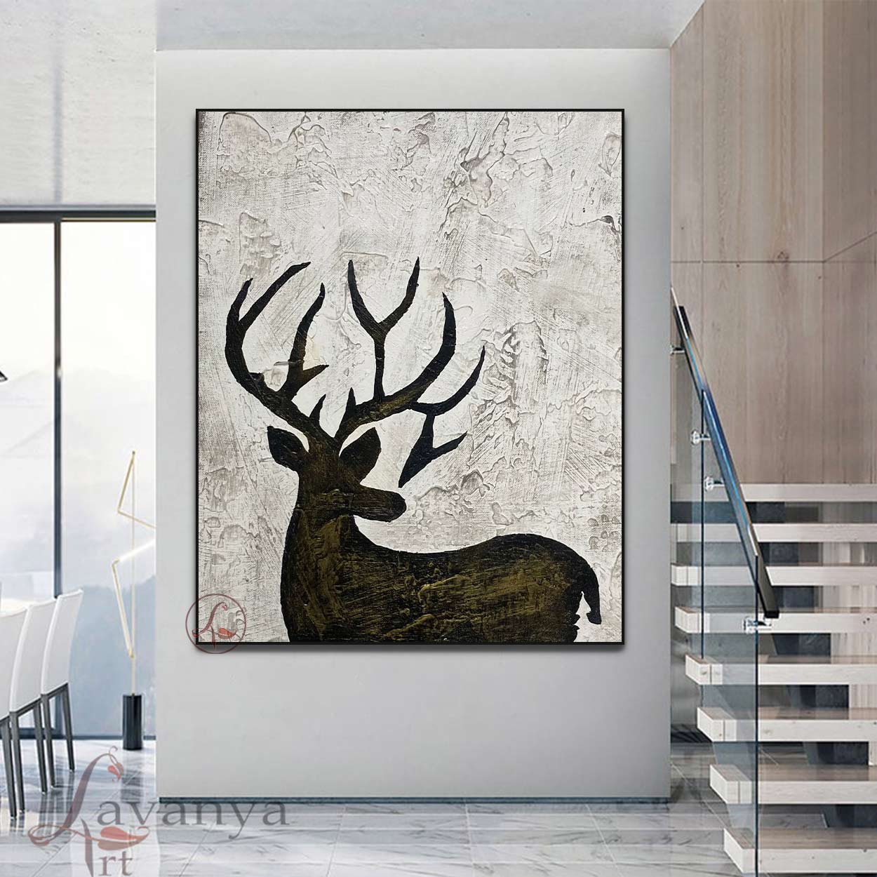 Modern Black White deer Painting | Textured Canvas Wall Art