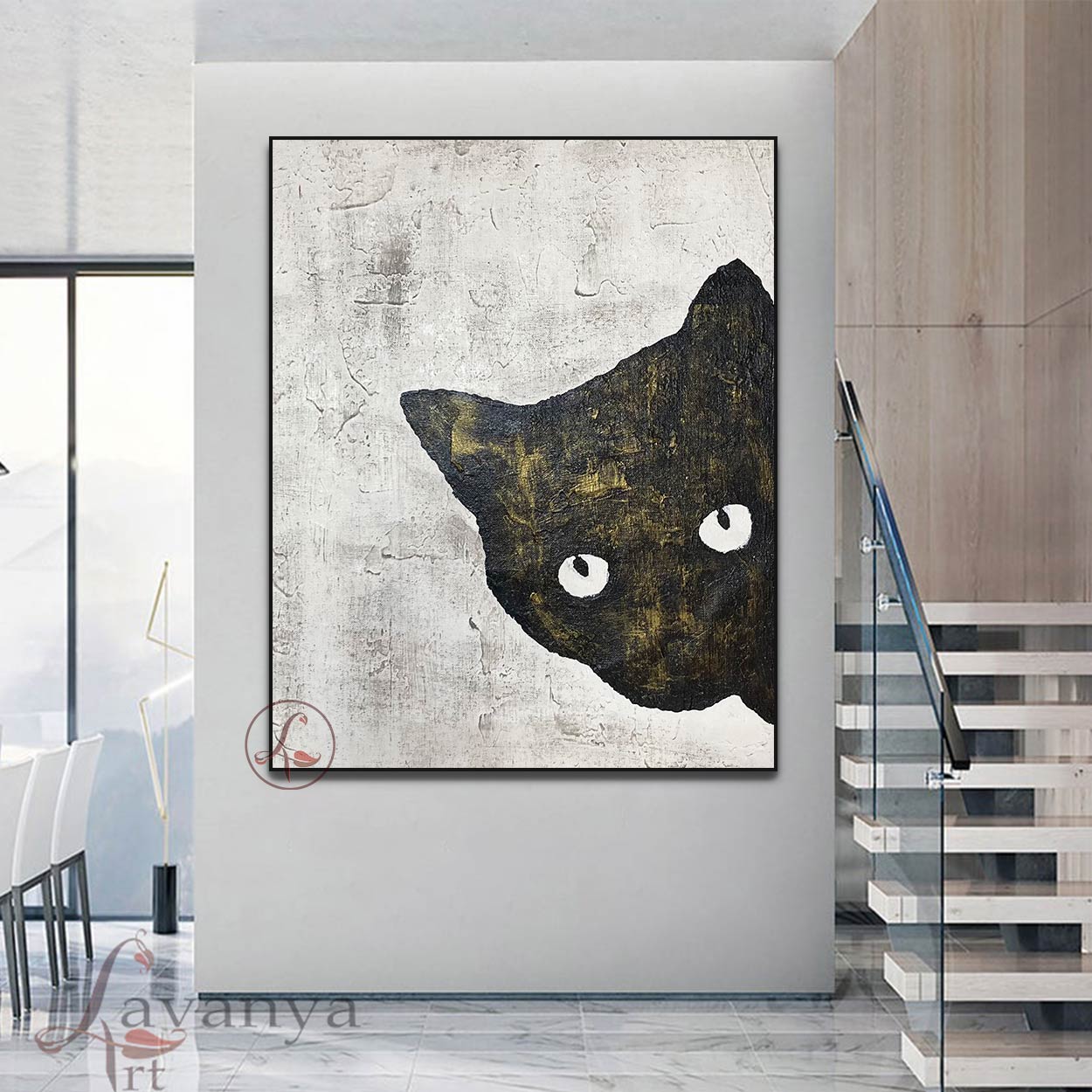 Contemporary Cat Abstract Canvas | Black White Artwork