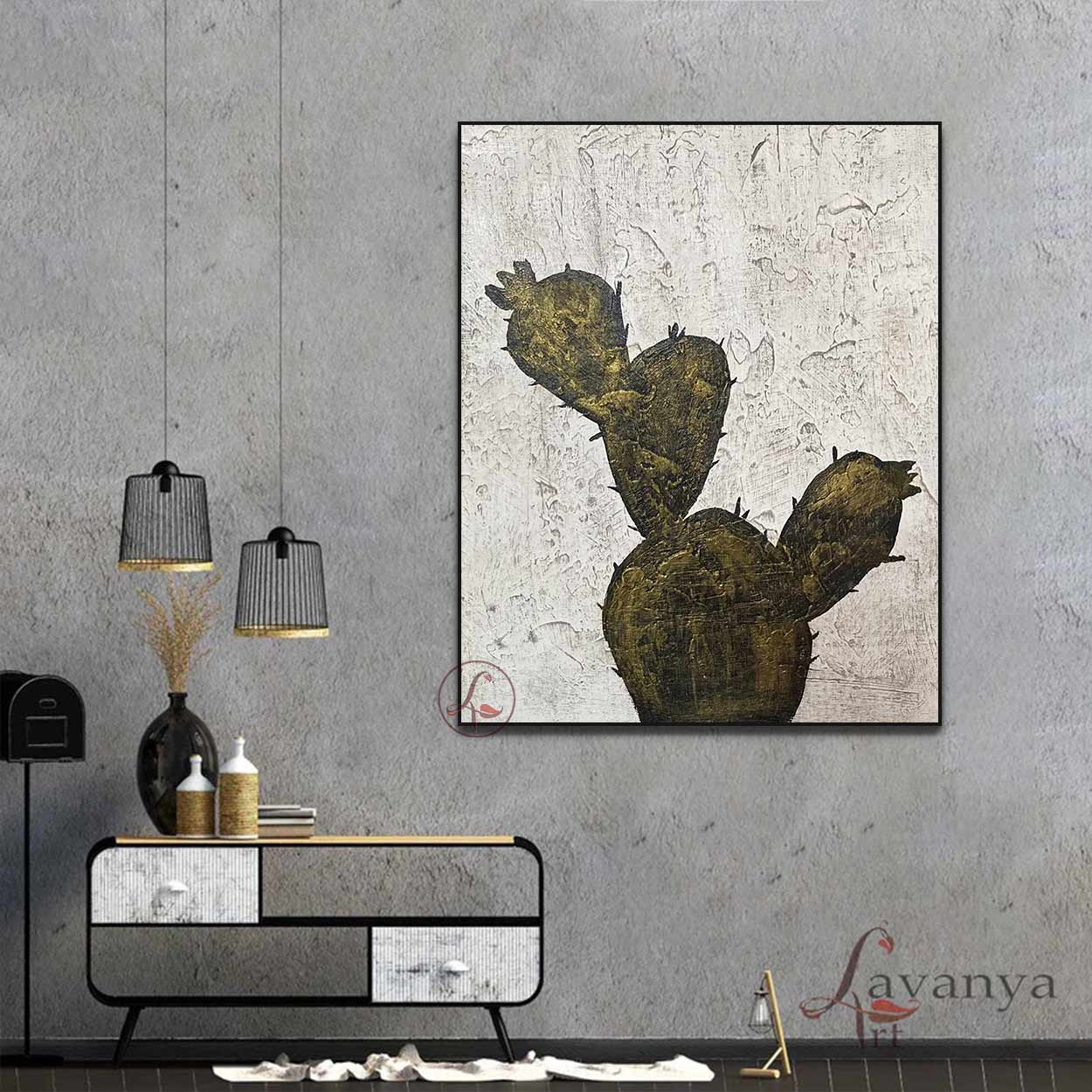 Minimalist Abstract cactus Painting | Black White Canvas Art