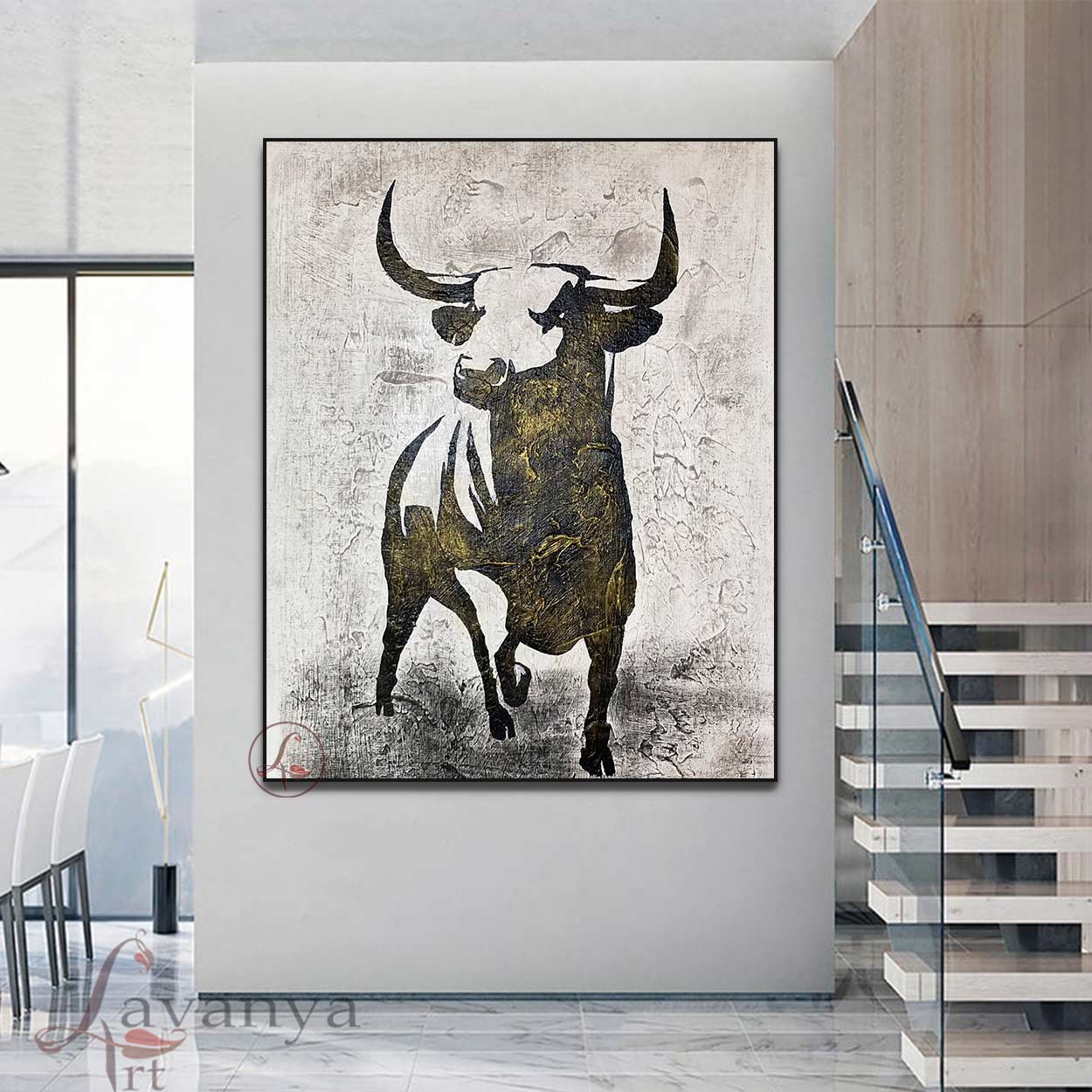 Black White Bull Abstract Wall Art | Large Modern Canvas