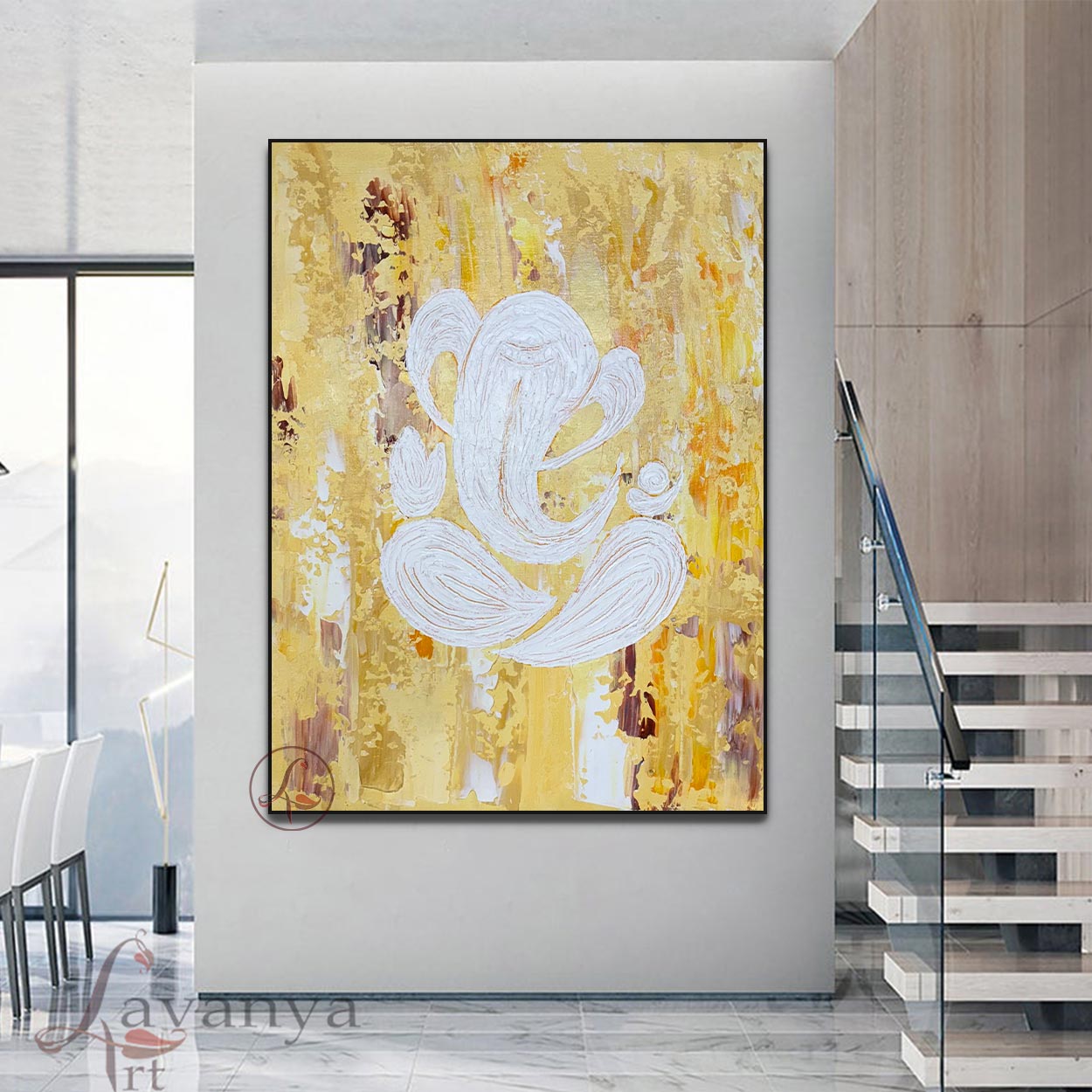 Abstract Ganesha Canvas Painting | white Yellow Indian Art