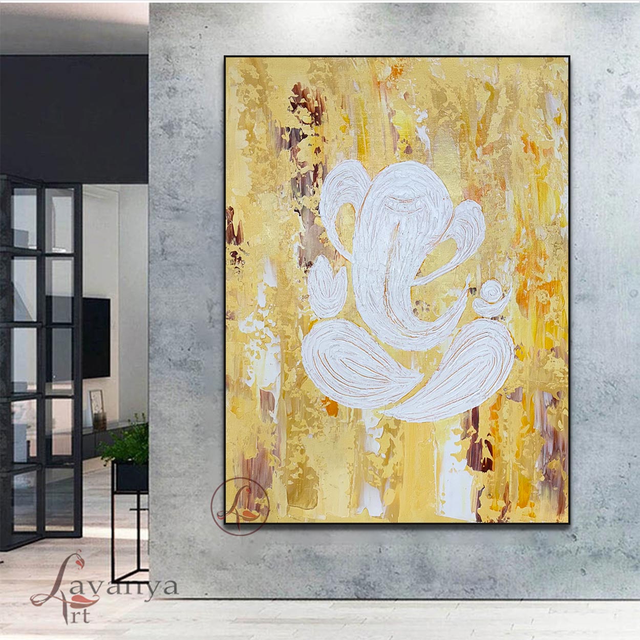 Abstract Ganesha Canvas Painting | white Yellow Indian Art