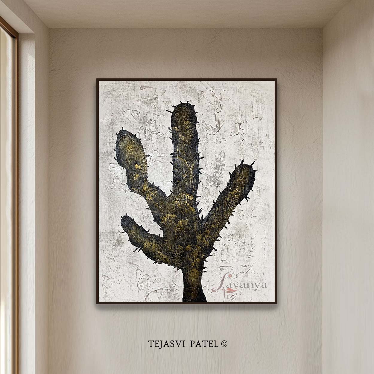 Minimalist cactus Abstract Painting | Black White Canvas Art
