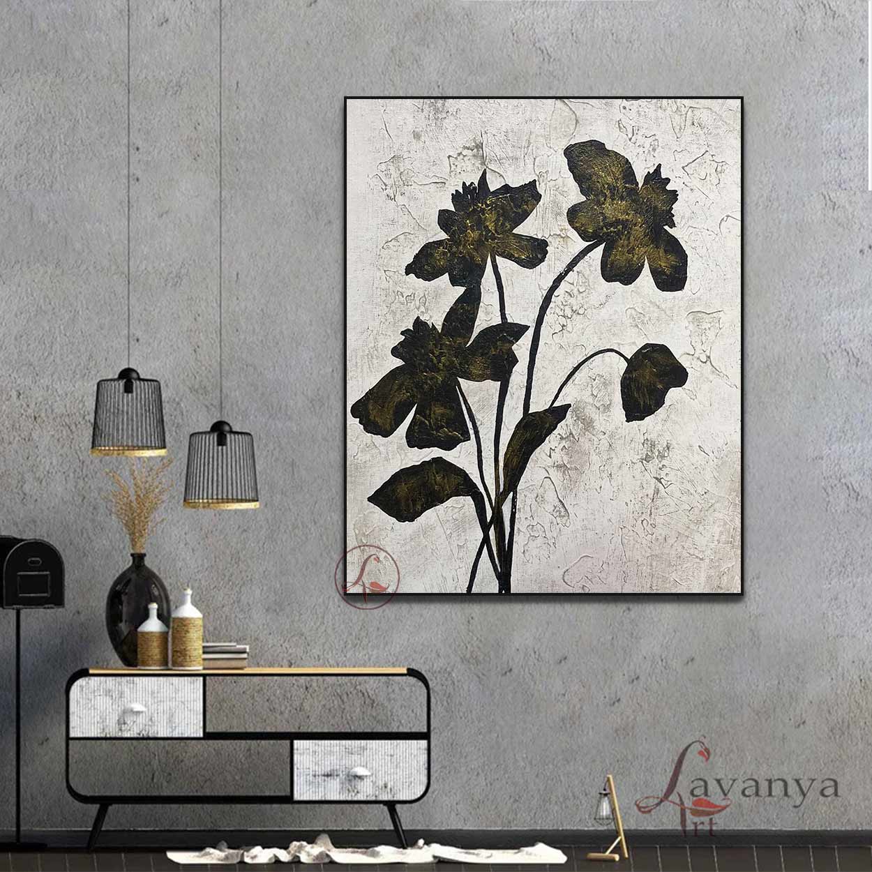 Contemporary Flower Abstract Canvas | Black White Artwork