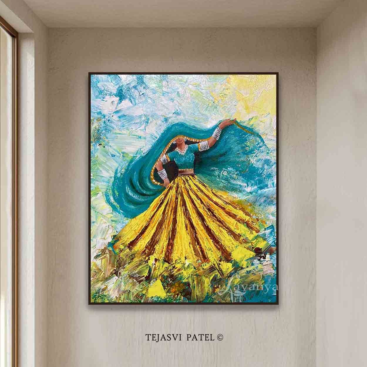 Ghoomar Dance Wall Art | Handmade Indian Woman Canvas Painting