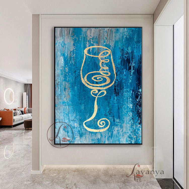 Wine Glass Gold Abstract Painting | Textured Canvas Art