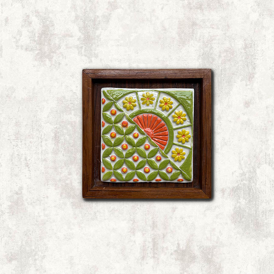 Handmade Ceramic Wall Sculpture | Teak Frame Farmhouse Decor