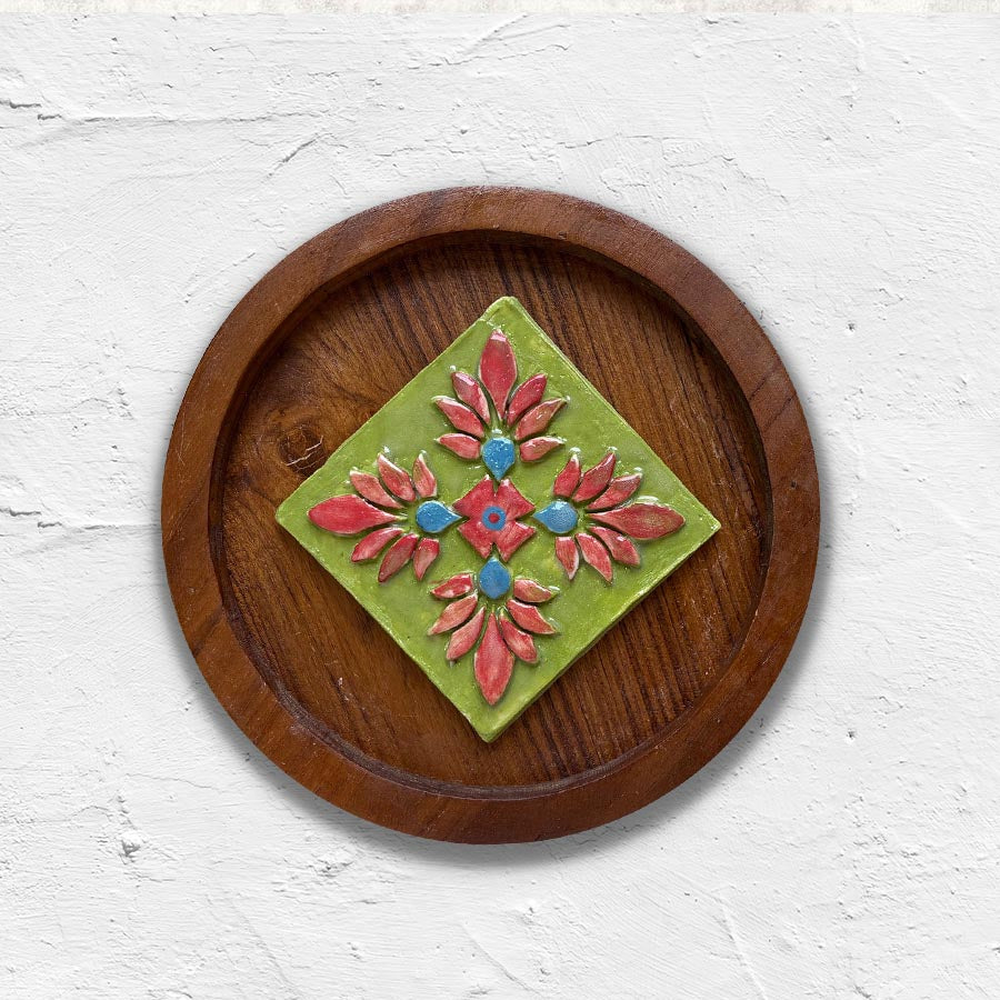 Hand-Carved Ceramic Wall Art | Teak Wood Frame Decor Piece