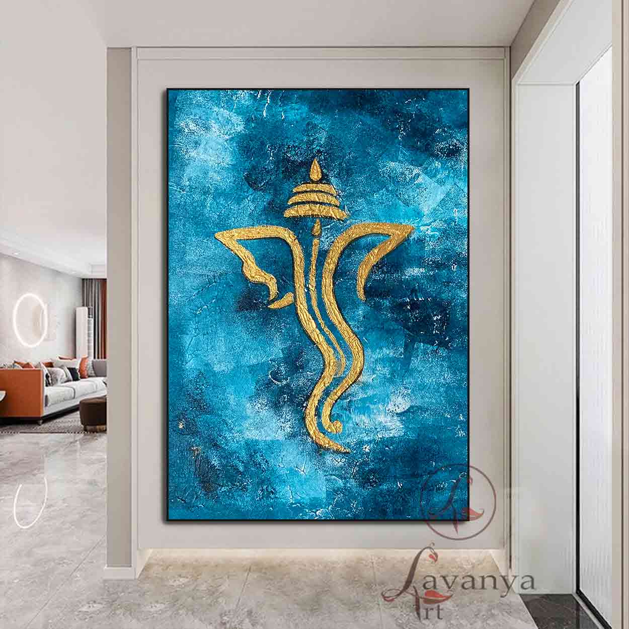 Blue Gold Ganesha Painting | Handmade Textured Canvas Art