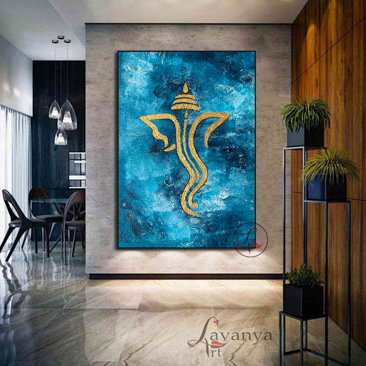 Blue Gold Ganesha Painting | Handmade Textured Canvas Art