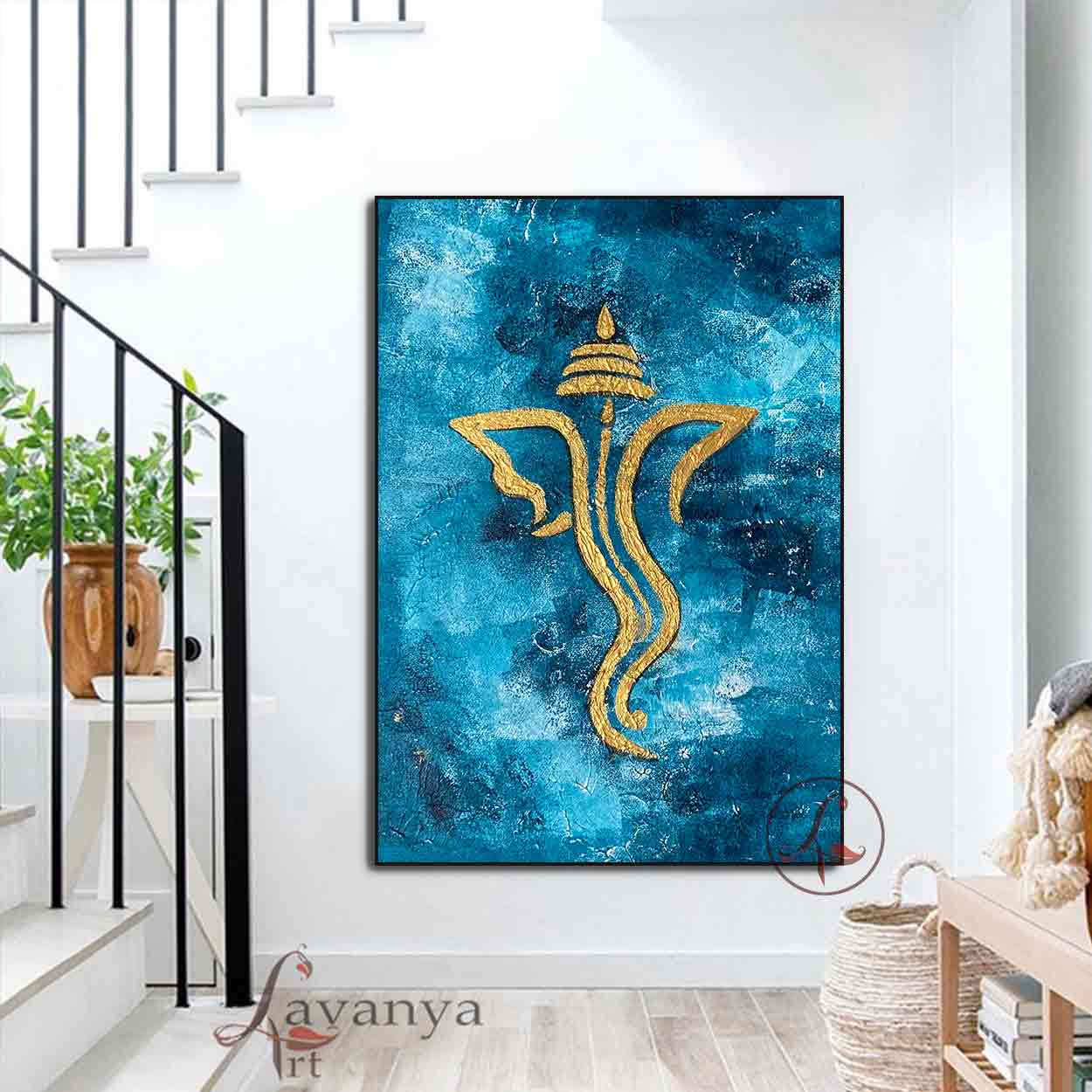Blue Gold Ganesha Painting | Handmade Textured Canvas Art