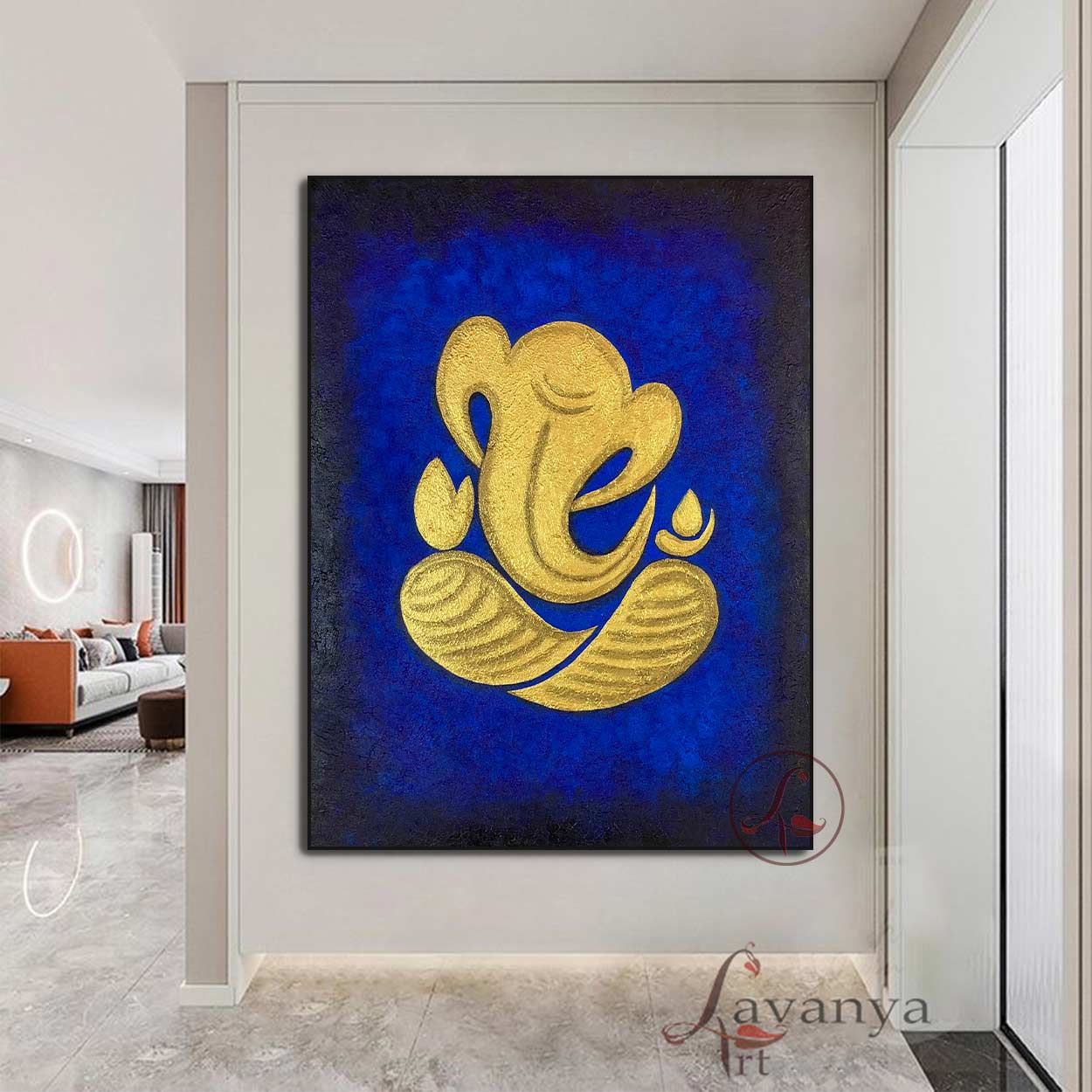 Abstract Ganesha Wall Art | Blue Gold Textured Canvas