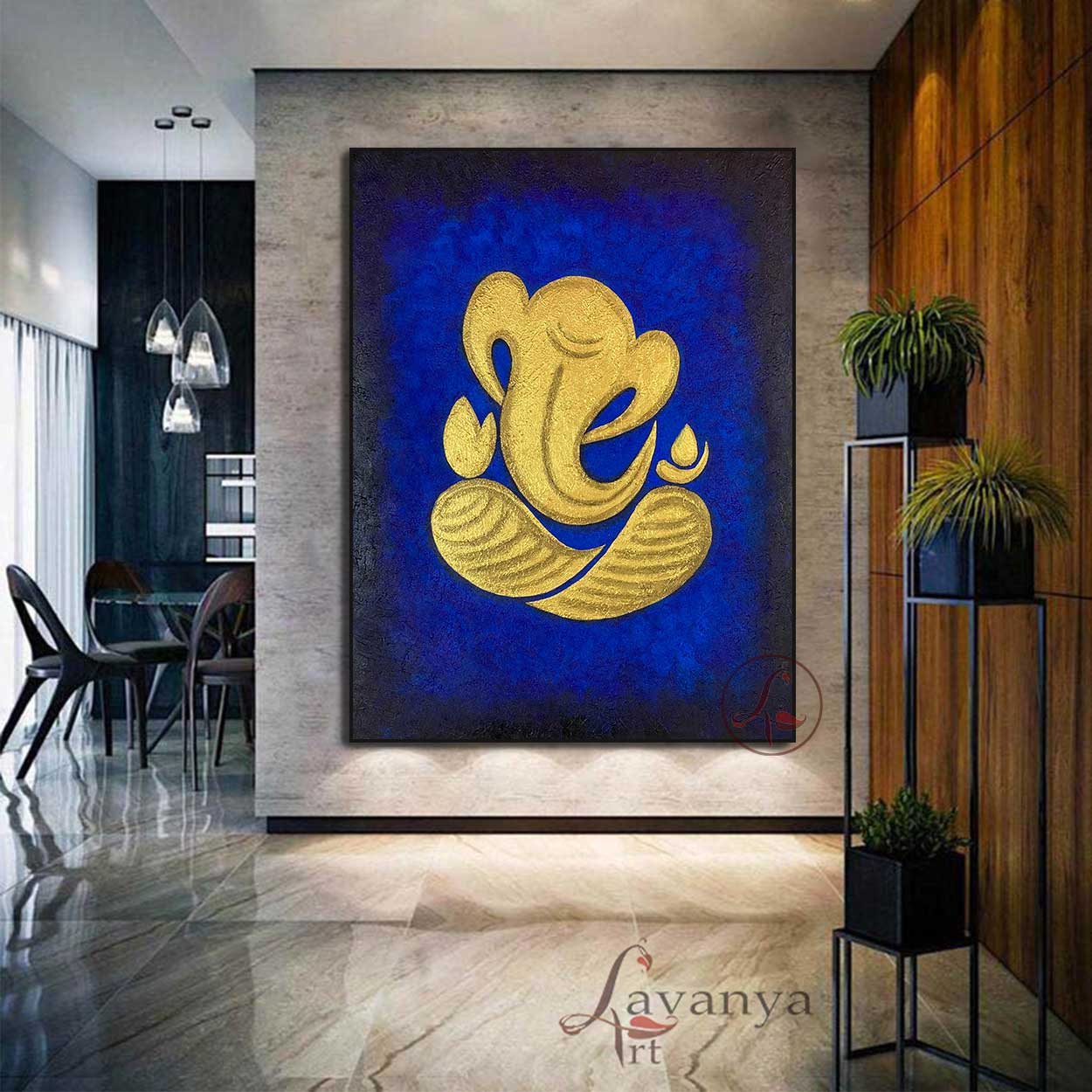 Abstract Ganesha Wall Art | Blue Gold Textured Canvas