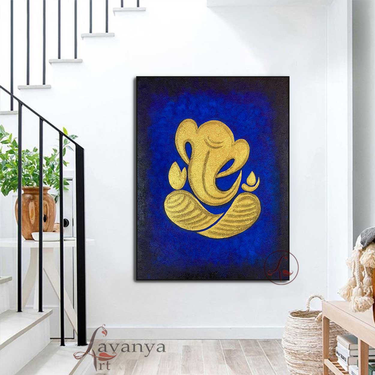 Abstract Ganesha Wall Art | Blue Gold Textured Canvas