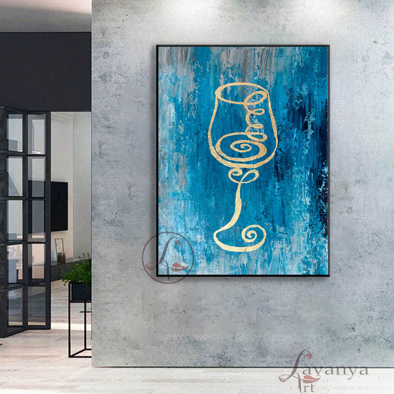 Wine Glass Gold Abstract Painting | Textured Canvas Art