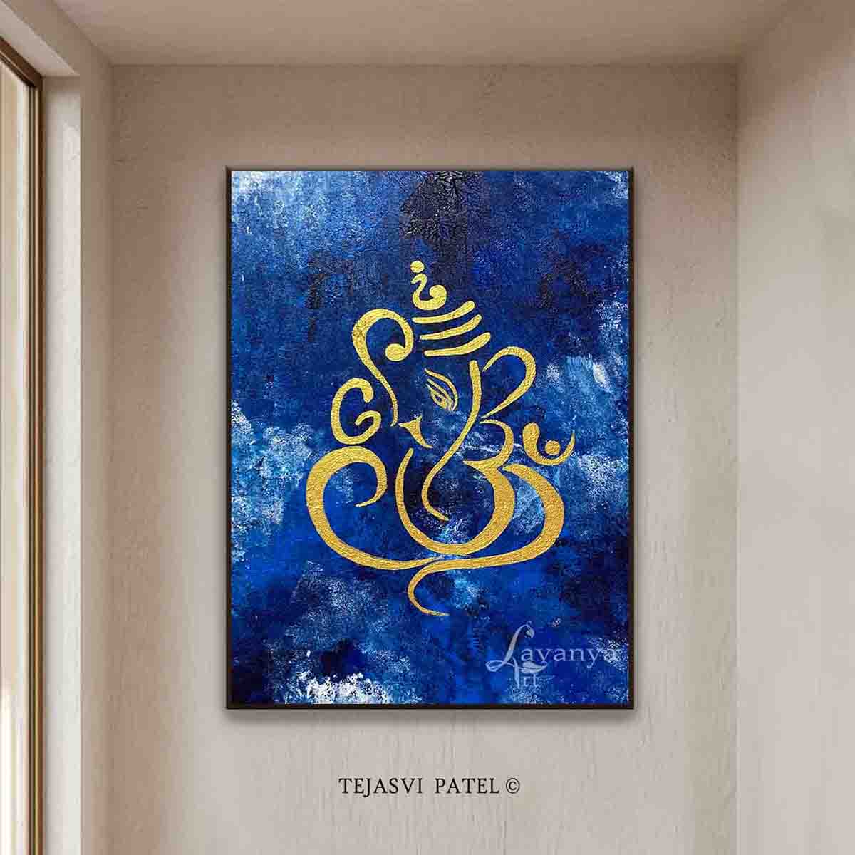 Blue Gold Ganesha Art | Handmade Indian Canvas Painting