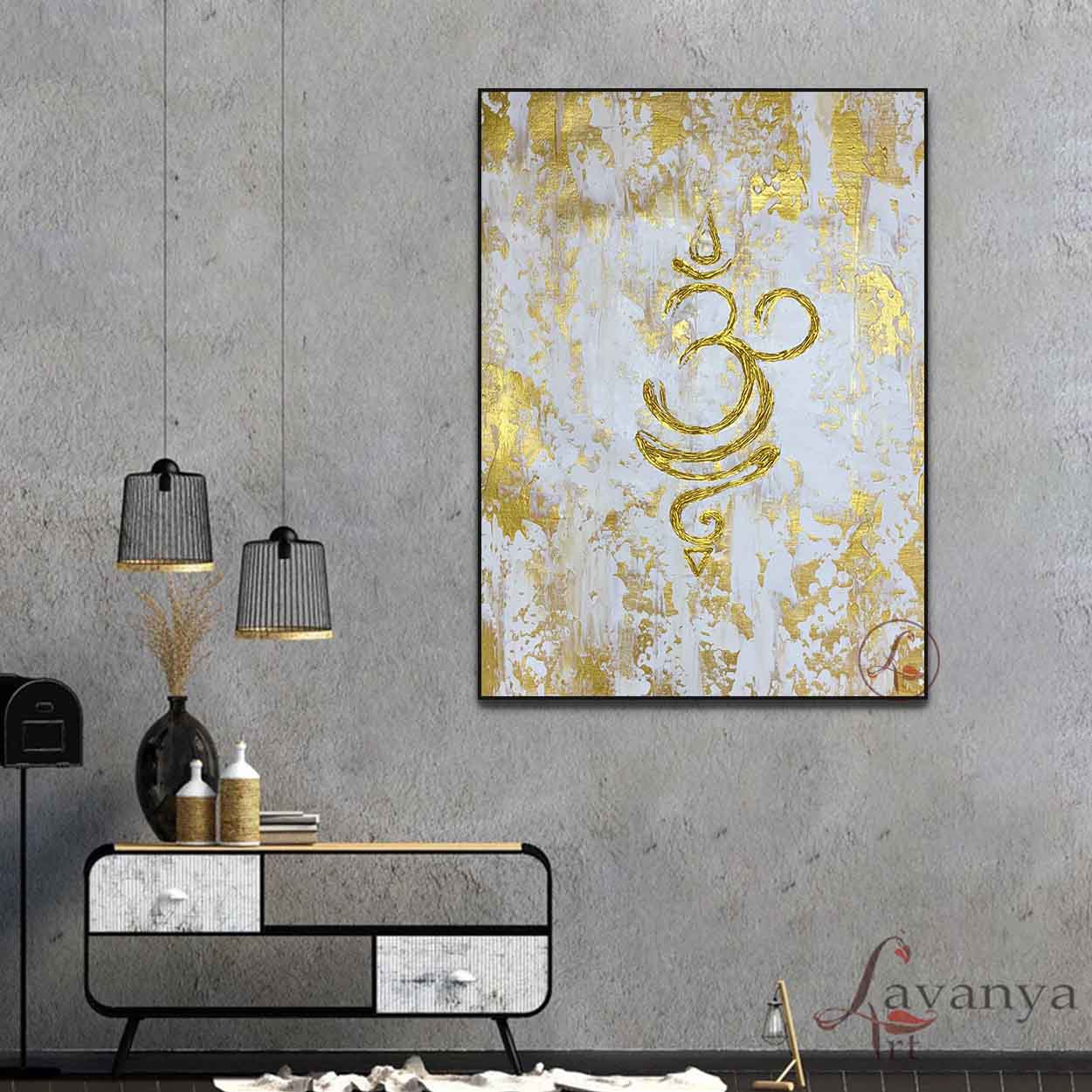White and Gold Abstract Art | Om Painting