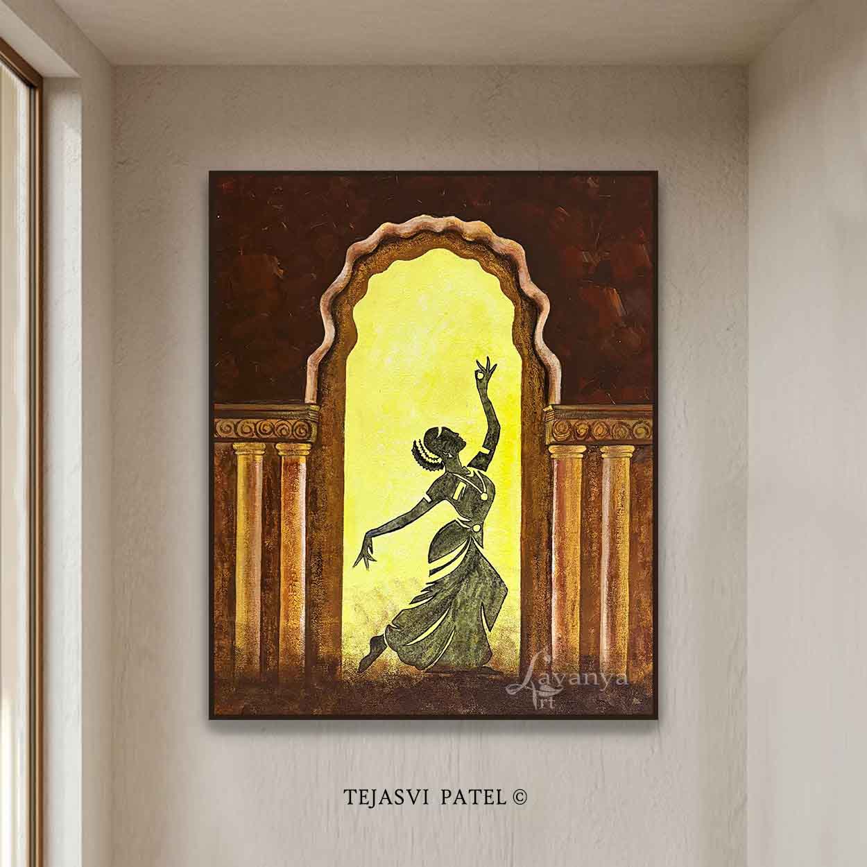 Original Bharatanatyam painting by Tejasvi Patel. Abstract Indian dance canvas art inspired by classical Indian culture and modern contemporary wall decor.