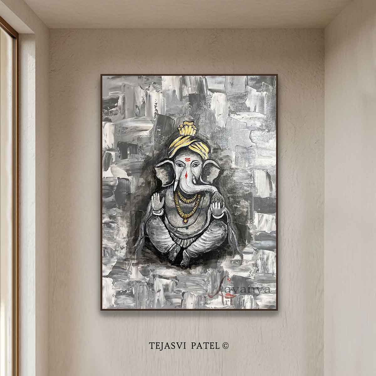 Explore original abstract Ganesha painting by Tejasvi Patel at Lavanya Art Studio, featuring premium Indian art for luxurious contemporary interiors.