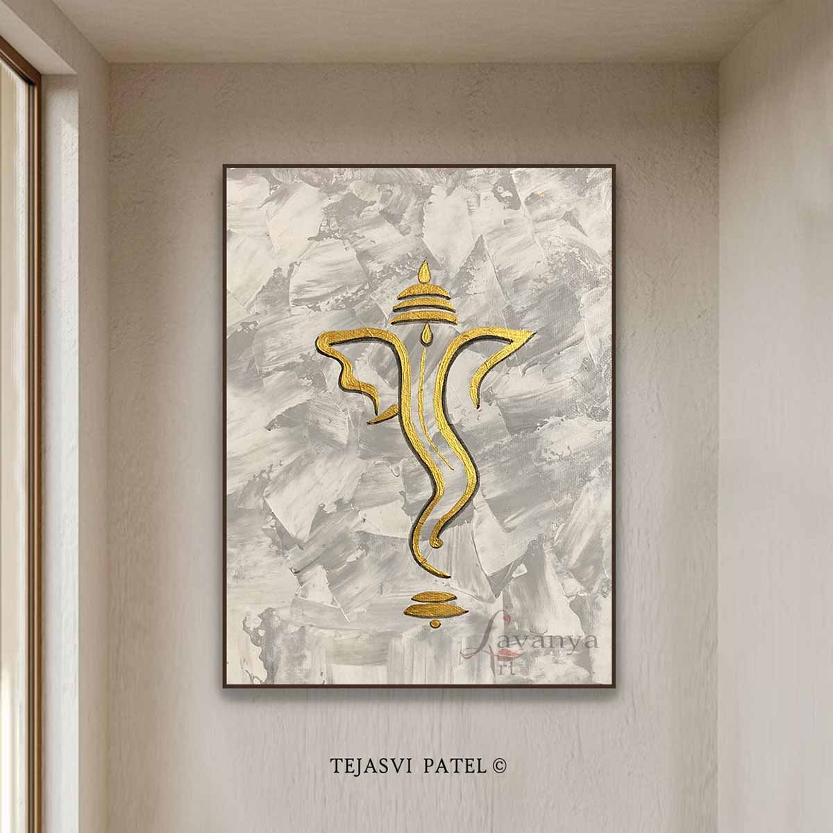 Explore original abstract Ganesha painting by Tejasvi Patel of Lavanya Art Studio, blending Indian art, contemporary elegance, and spiritual inspiration.
