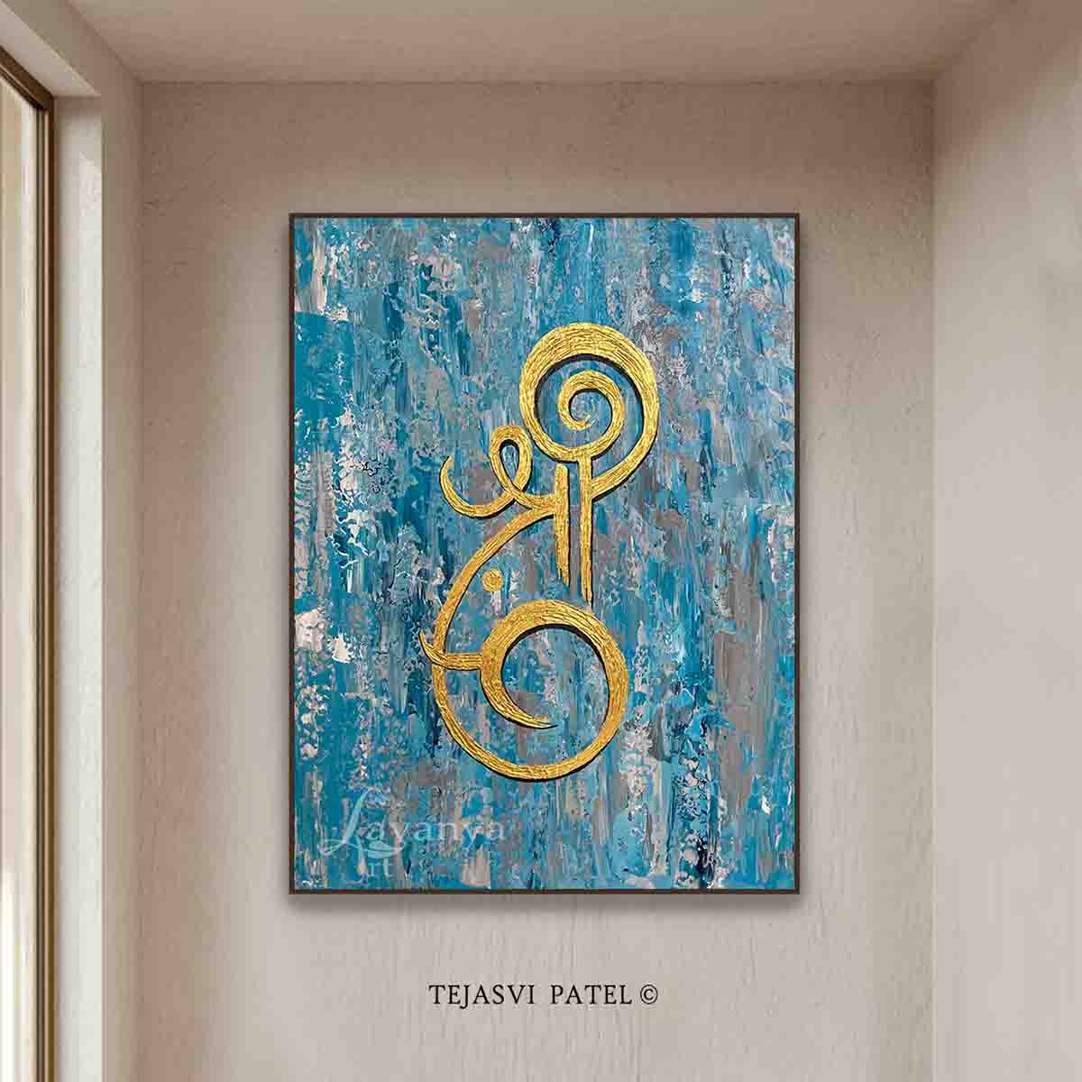 Original handmade abstract Ganesha painting by Tejasvi Patel, textured spiritual canvas wall art from Lavanya Art Studio.