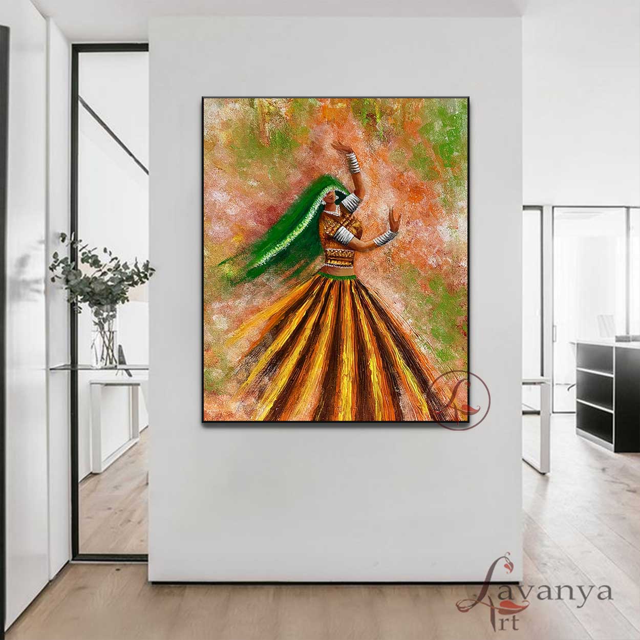 Bring the beauty of Rajasthan home with handmade Rajasthani Woman & Ghoomar Dance Wall Art by Tejasvi Patel. Original textured Indian canvas paintings.