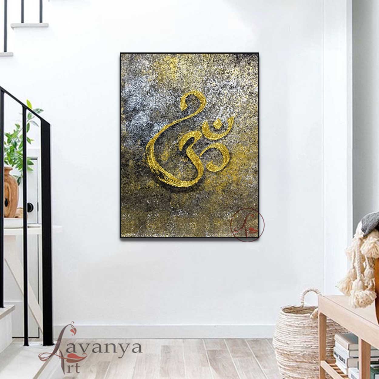 Abstract spiritual Om art handcrafted with textured acrylics for modern interiors.