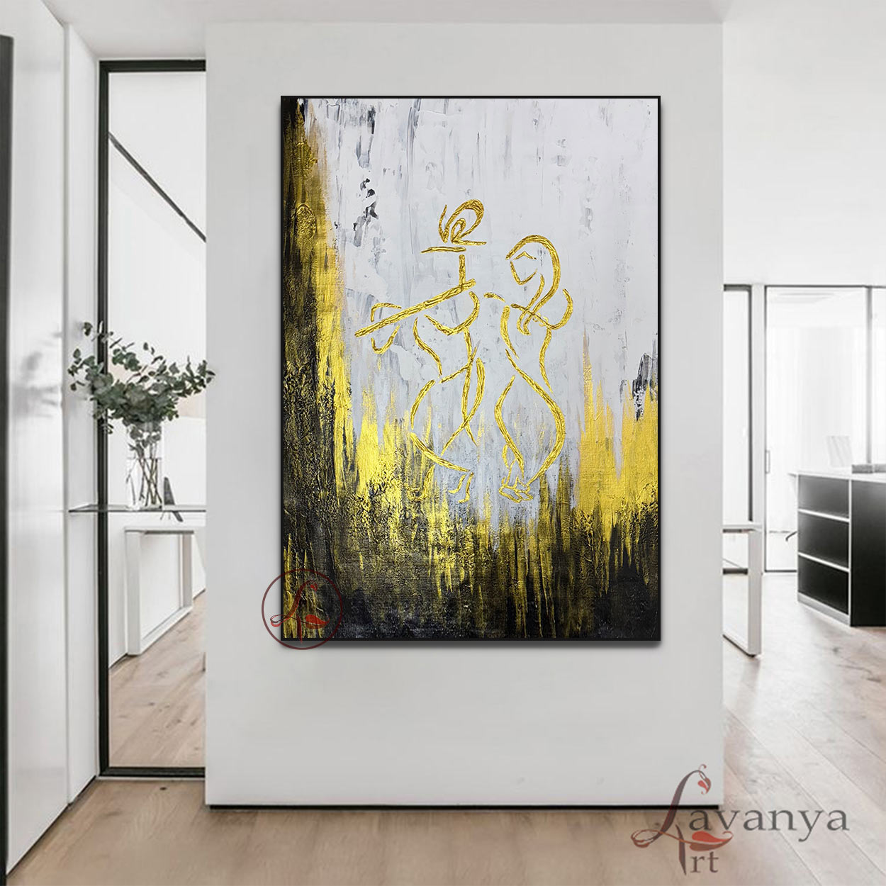 Handmade acrylic Krishna painting with rich texture and modern Indian design.