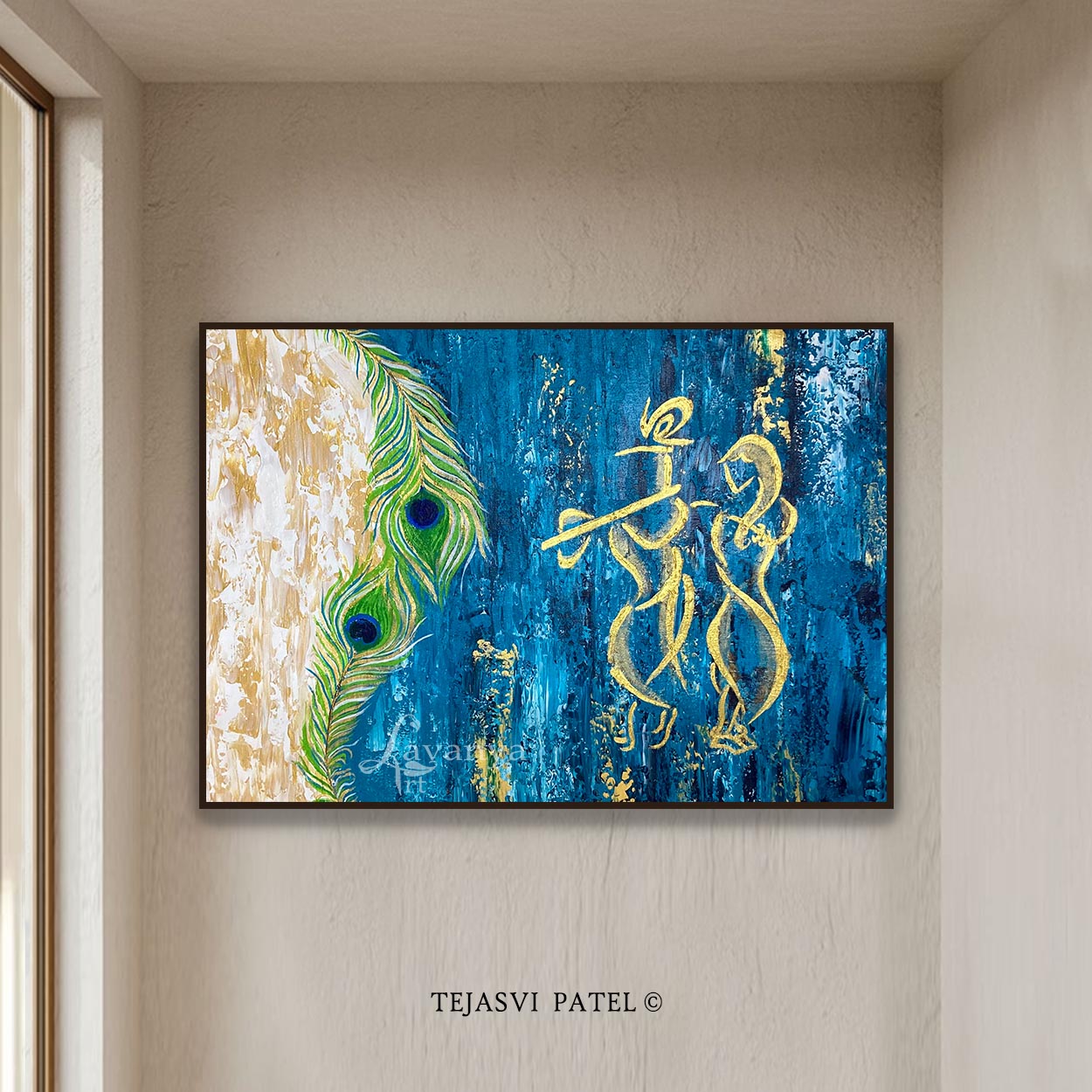 Handmade acrylic Krishna painting with rich texture and modern Indian design.