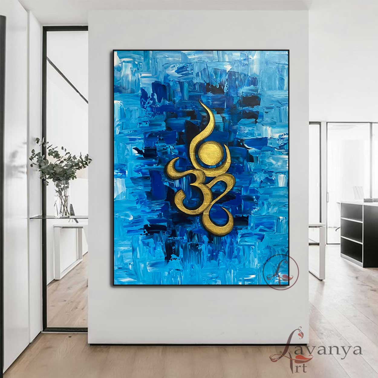 Handmade acrylic Om painting featuring textured contemporary Indian canvas art.