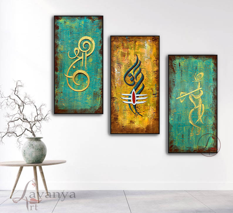 Modern Ganesha,krishna,Shiva painting |Set of 3 Abstract Indian Art