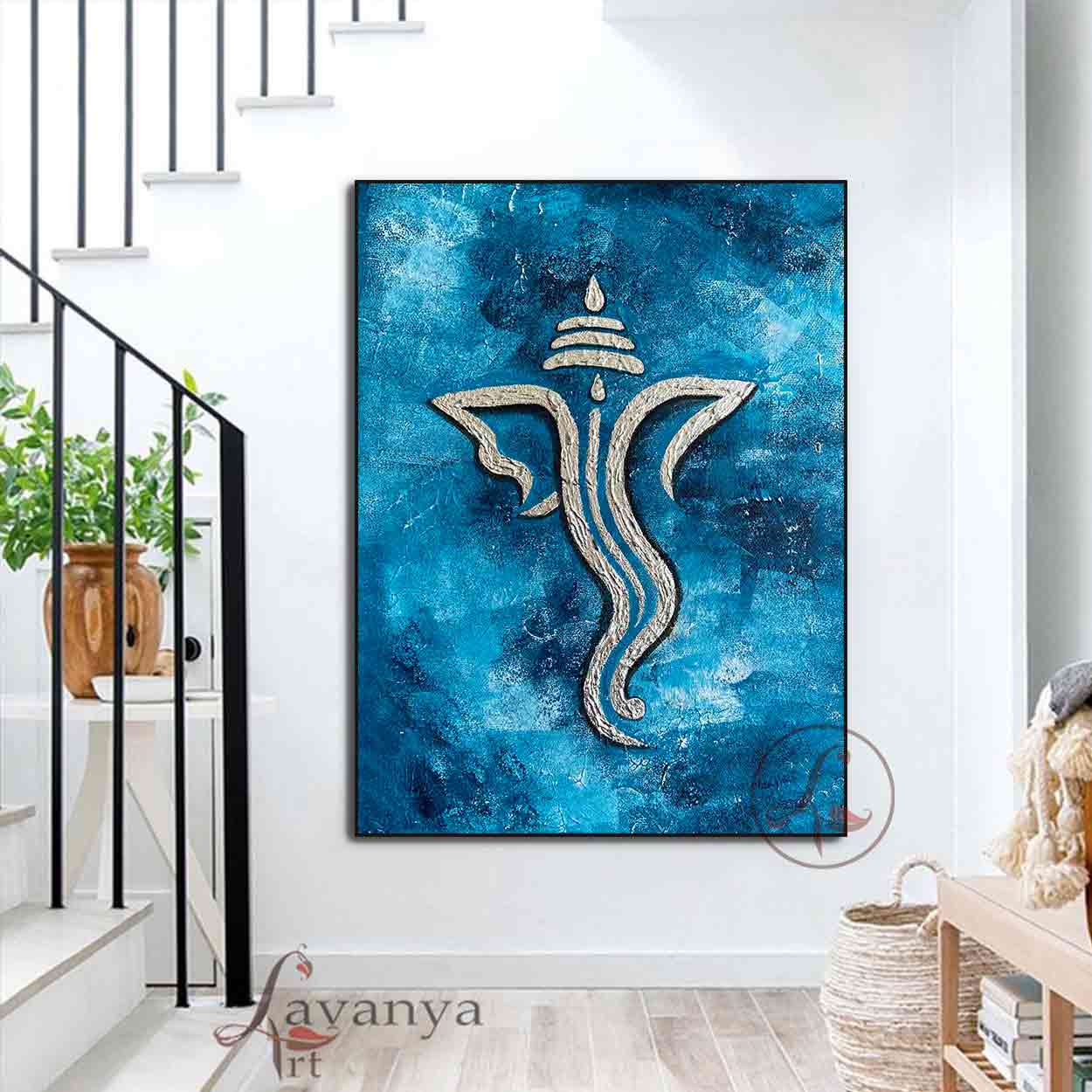 Blue Gold Ganesha Art | Handmade Indian Canvas Painting
