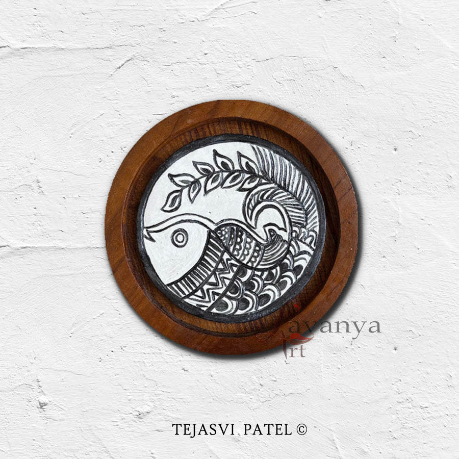 Handmade ceramic wall sculpture by Tejasvi Patel adds timeless beauty. Lavanya Art Studio blends Indian art and textured art with teak wood framing.